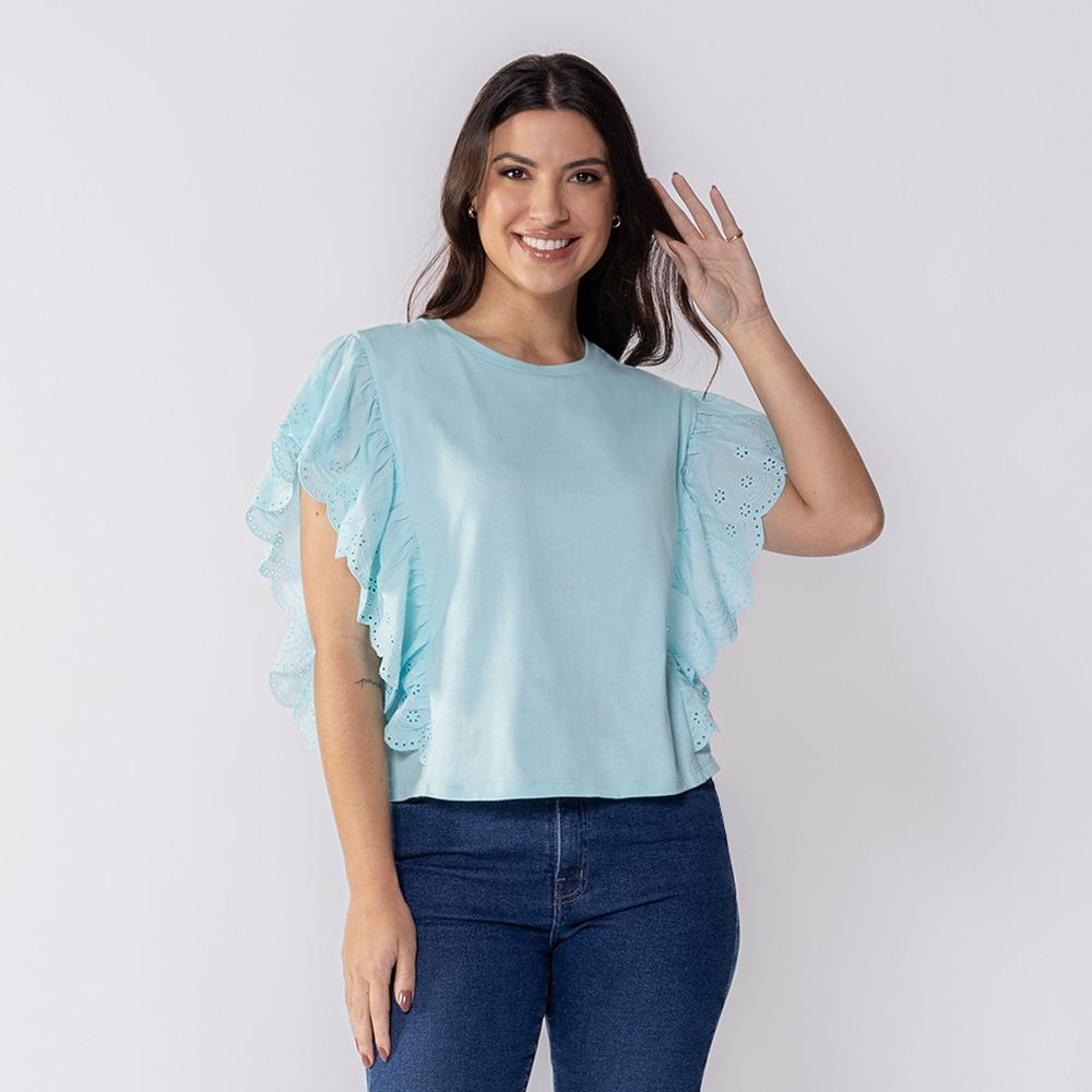 Blusa Feminina Com Babado Em Laise Boby Blues Agua Viva