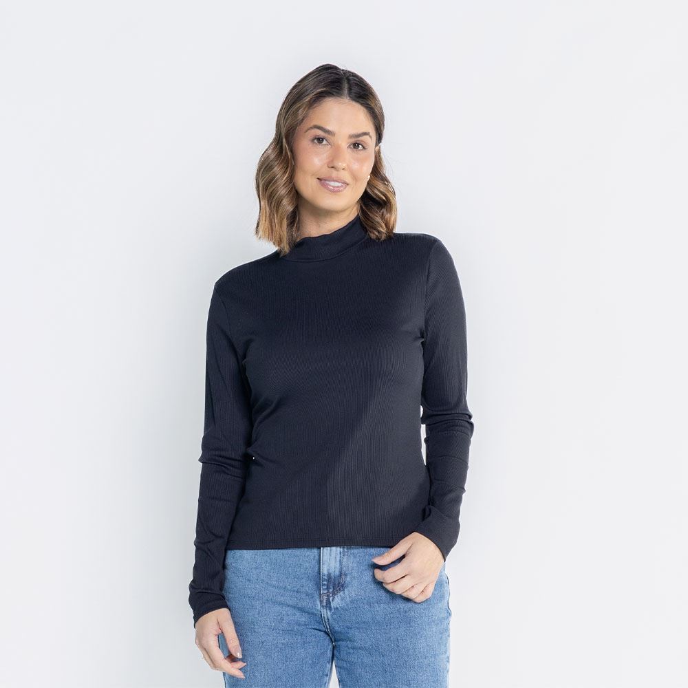 Blusa Feminina Com Gola Alta Canelada Patricia Foster Preto