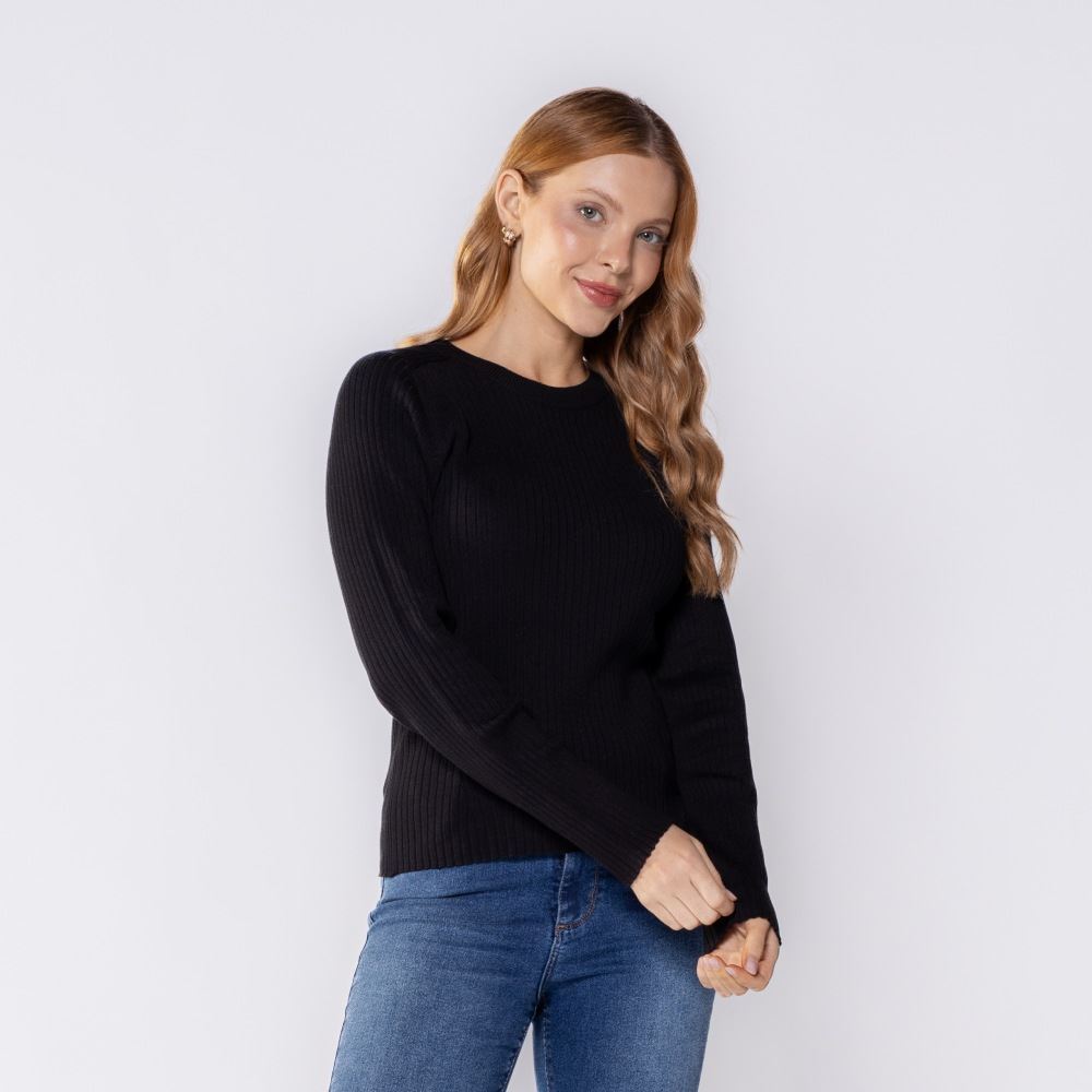 Blusa Feminina De Tricot Canelado Manga Longa Boby Blues Preto