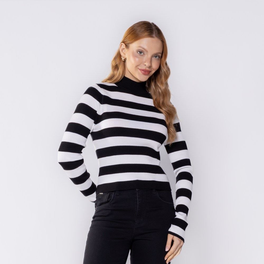 Blusa Feminina Listrada De Tricot Canelado Boby Blues Branco/Preto