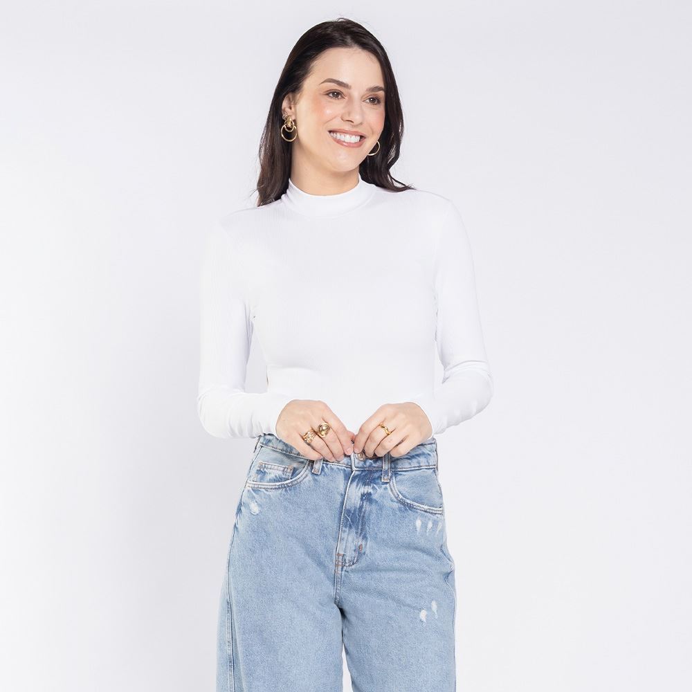 Body Feminino Manga Longa Em Poliamida Patricia Foster Branco
