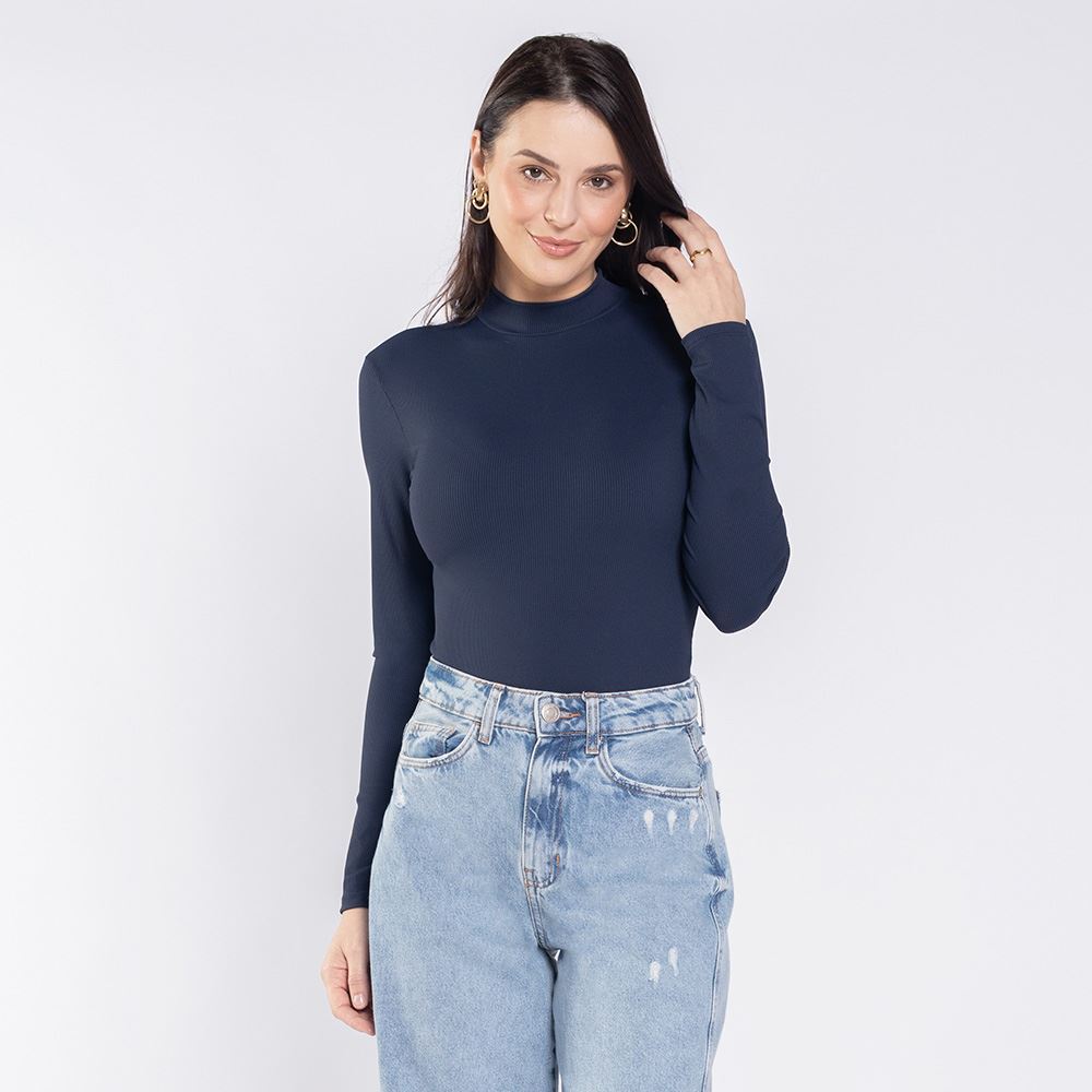 Body Feminino Manga Longa Em Poliamida Patricia Foster Azul Marinho
