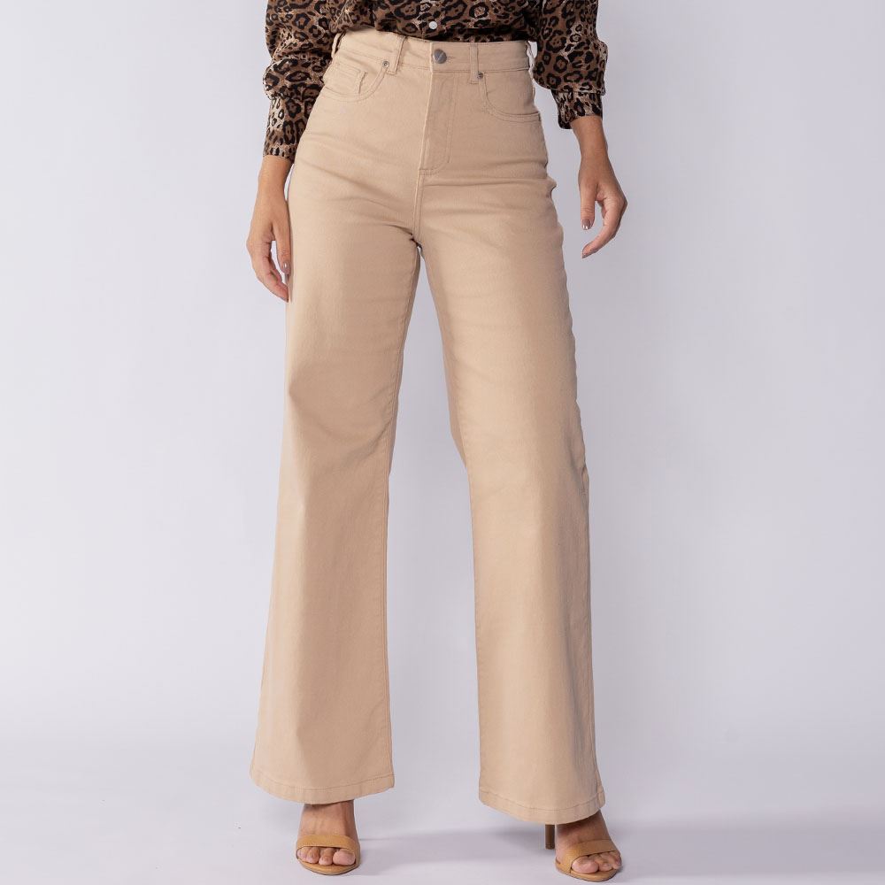 Calça Feminina Wide Leg Collor Sarja Boby Blues Caqui