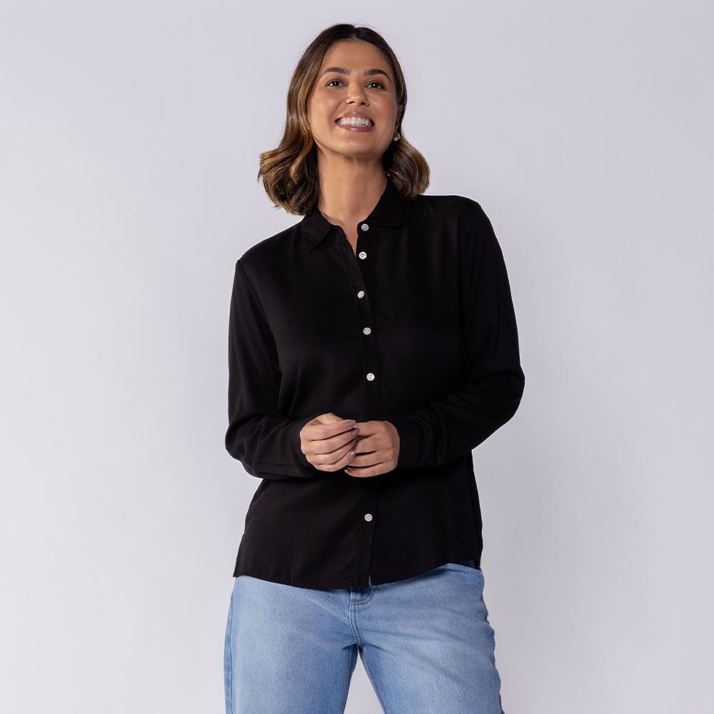 Camisa Feminina Manga Longa De Viscose Patricia Foster Preto