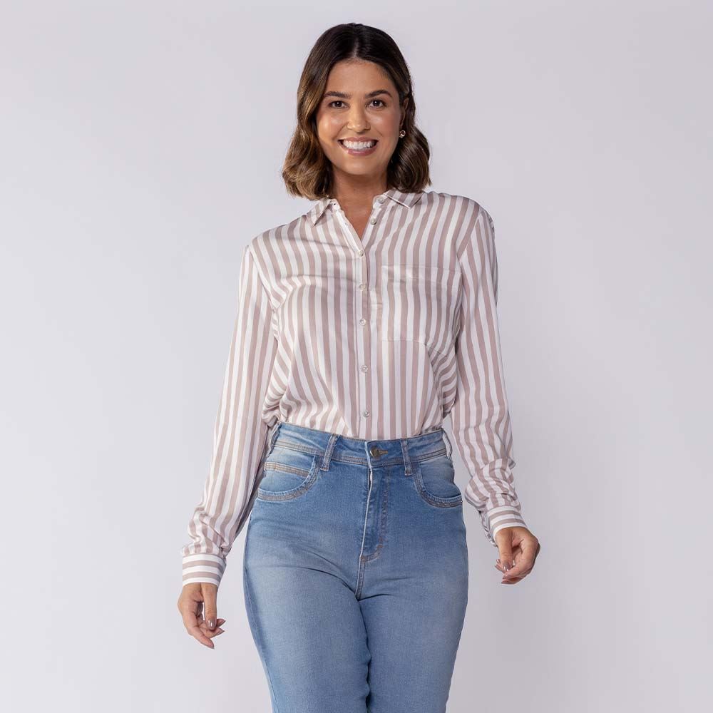 Camisa Feminina Listrada com Bolso Patricia Foster Off White/Fendi