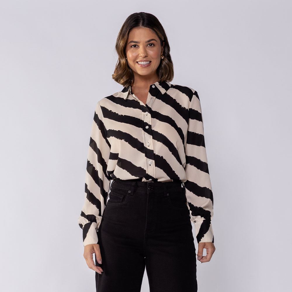 Camisa Feminina Manga Longa Em Crepe Patricia Foster Listrado