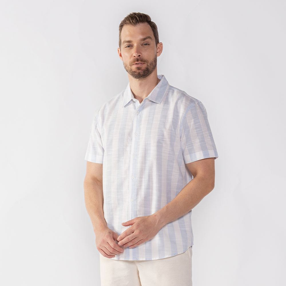Camisa Masculina De Botão Algodão Thing Azul E Off White