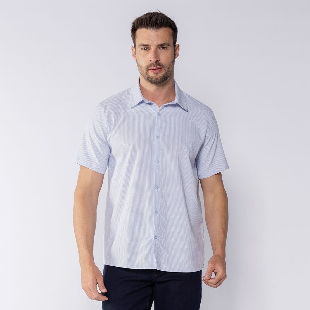 Camisa Masculina De Botão Tecido Plano Marc Alain Azul