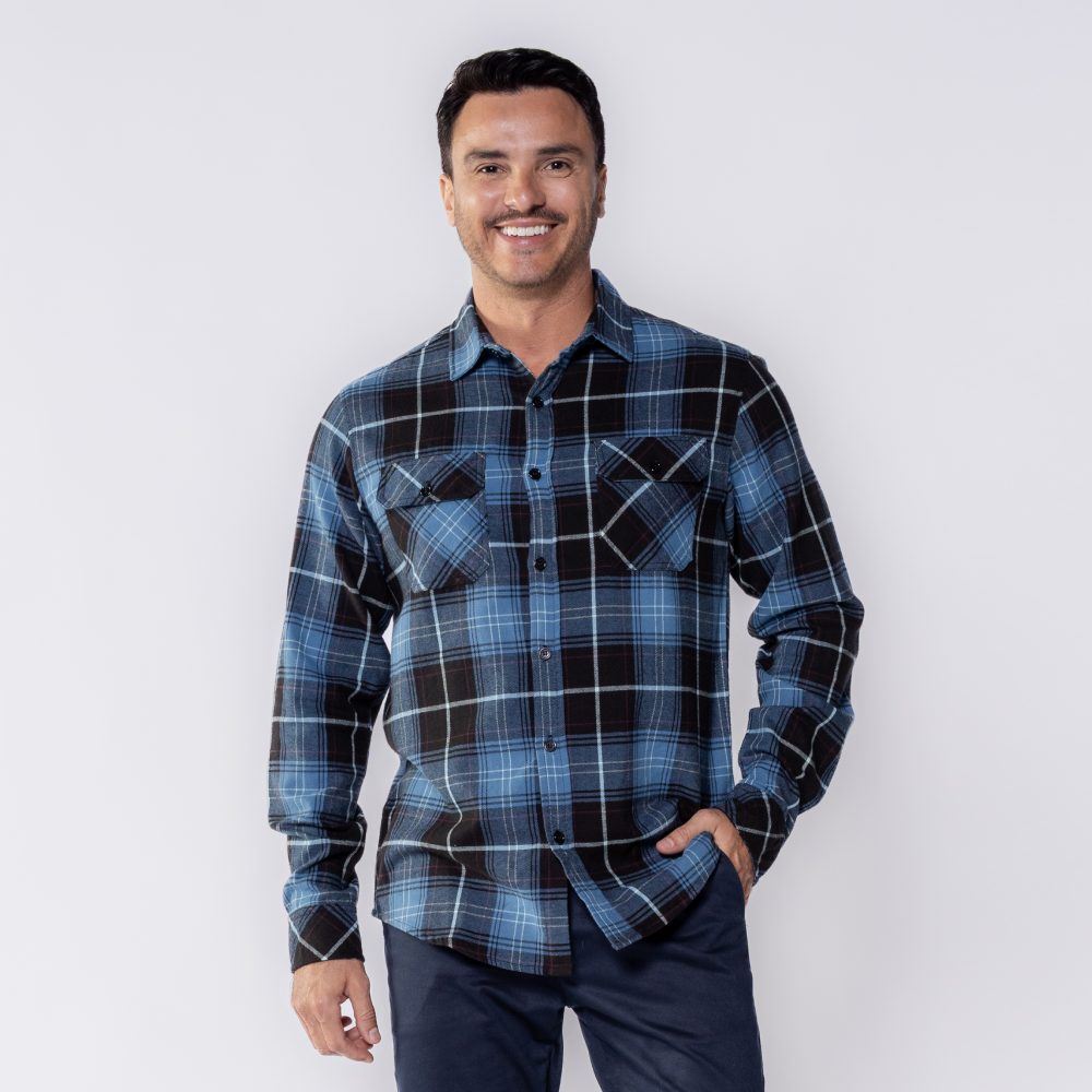 Camisa Masculina Xadrez De Flanela Com Bolso Marc Alain Azul Jeans
