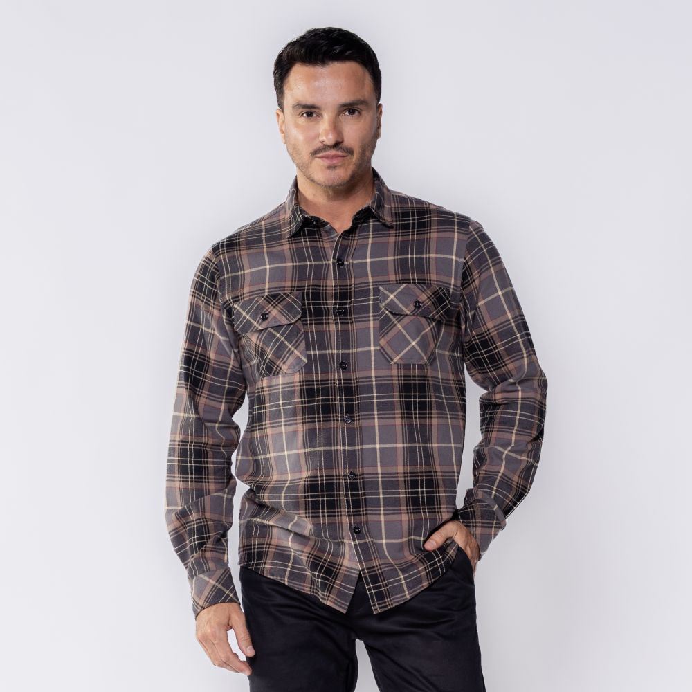 Camisa Masculina Xadrez De Flanela Com Bolso Marc Alain Cinza