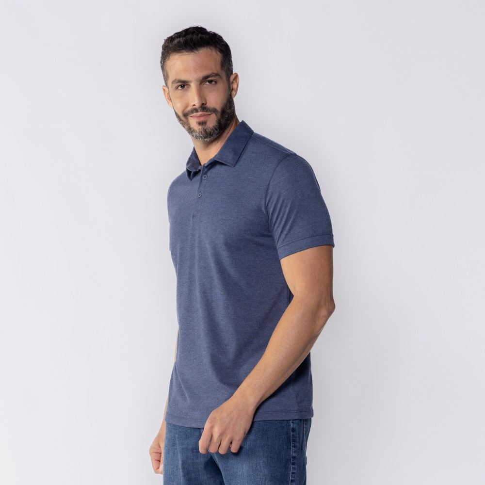 Camisa Polo Masculina De Malha Piquet Tech Marc Alain Mescla Marinho