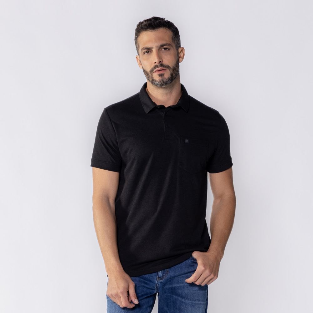 Camisa Polo Masculina De Piquet Com Bolso Marc Alain Preto