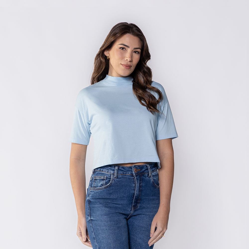 Camiseta Feminina Box Gola Alta De Algodão Boby Blues Azul Soft