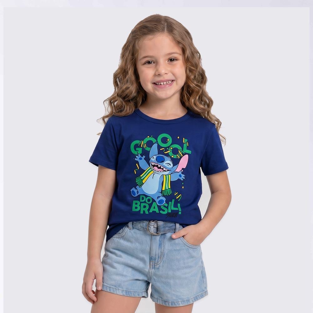 Camiseta Infantil Menina Stitch Copa 4 A 10 Anos Disney Azul Milano