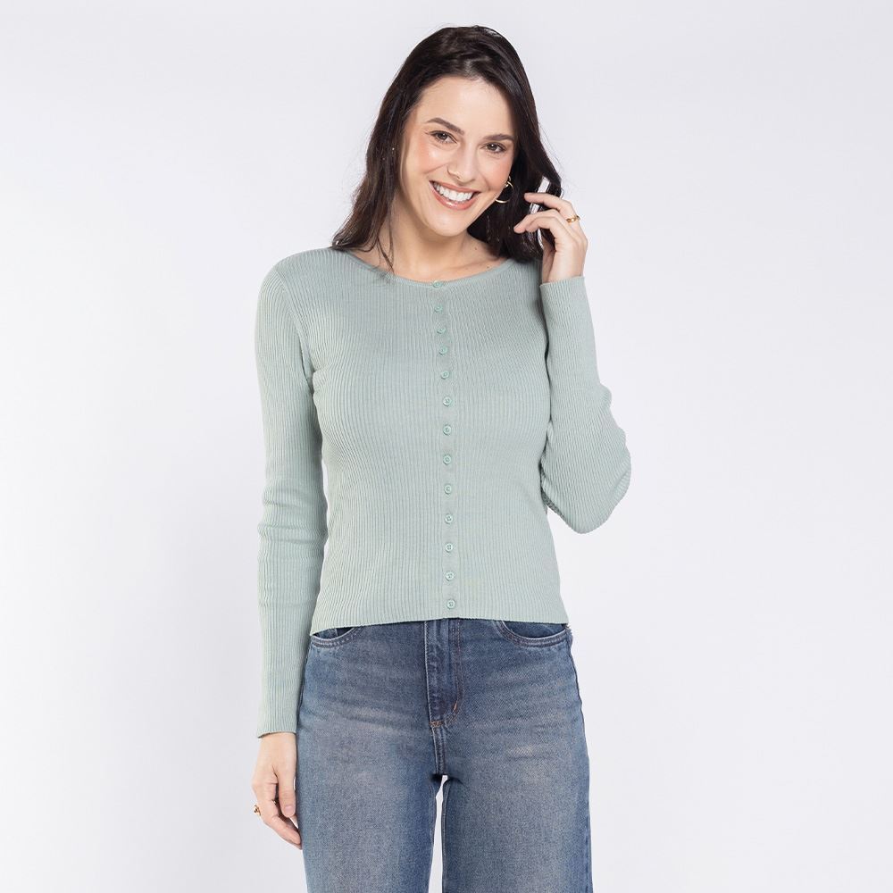 Cardigan Feminino De Tricot Canelado Boby Blues Menta
