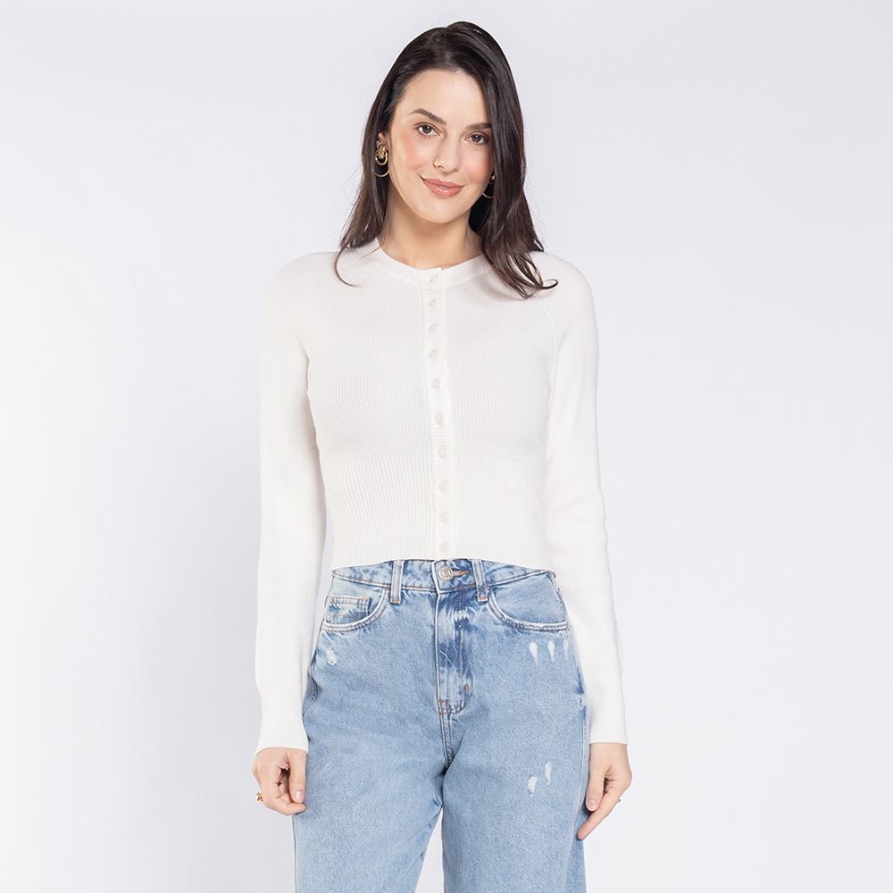 Cardigan Feminino De Tricot Com Botões Boby Blues Off White