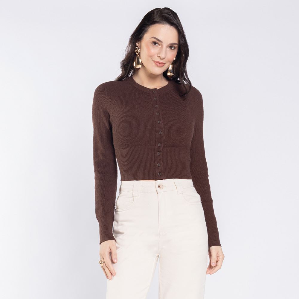 Cardigan Feminino De Tricot Com Botões Boby Blues Marrom