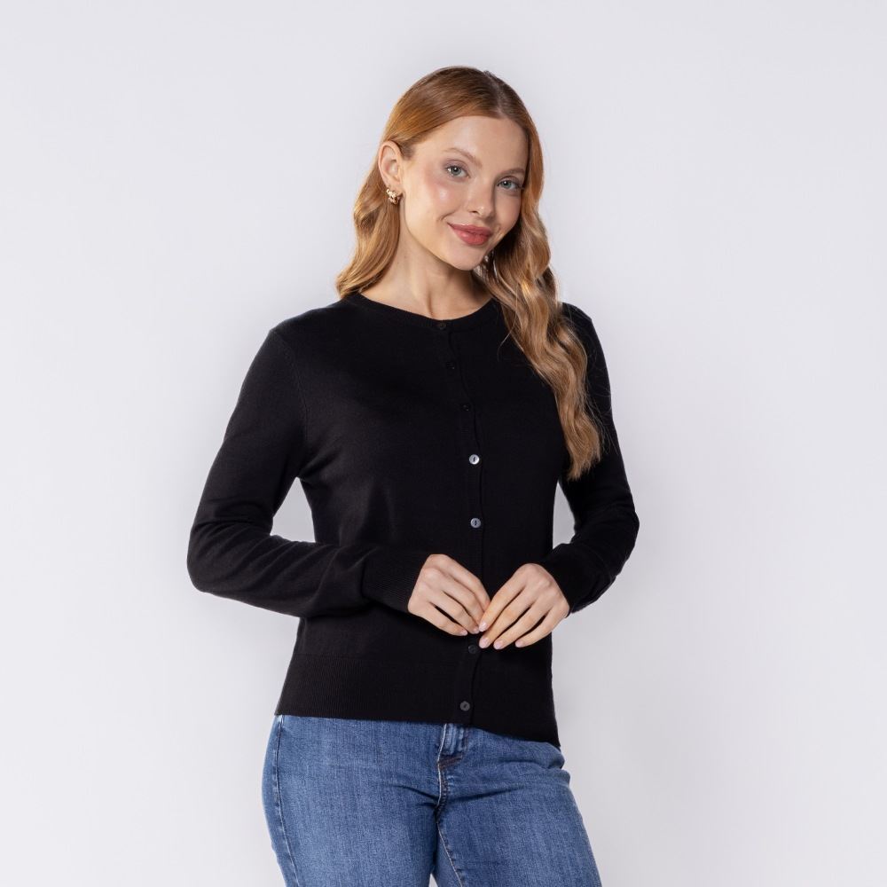 Cardigan Feminino De Tricot Decote Redondo Patricia Foster Preto