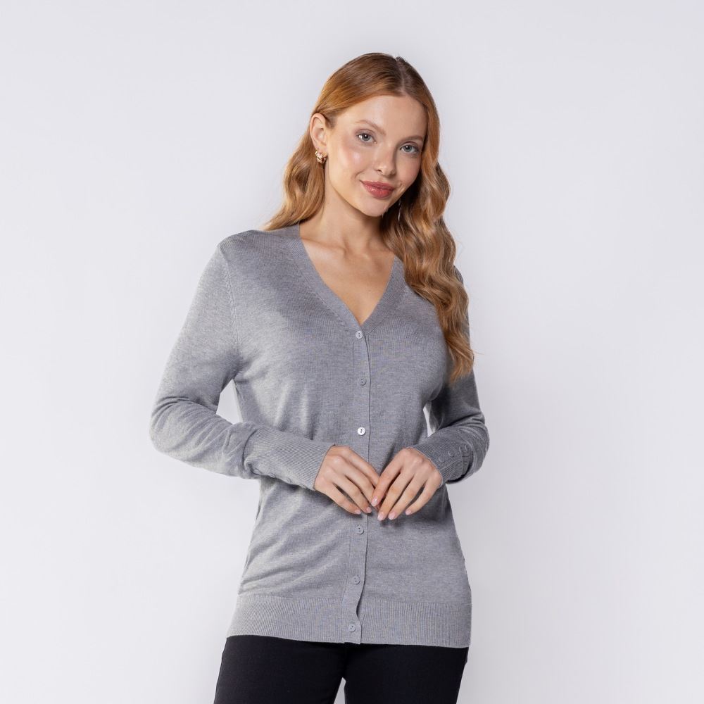 Cardigan Feminino De Tricot Decote V Patricia Foster Cinza Melange