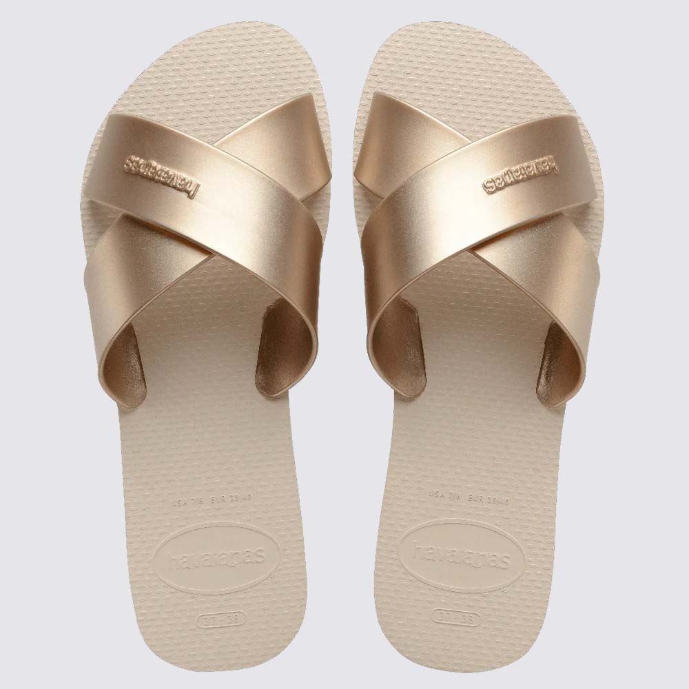 Chinelo Havaianas Feminino Aqua Metallic Bege Palha