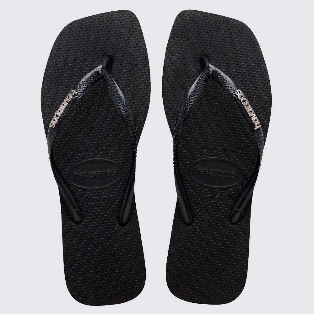 Chinelo Havaianas Feminino Slim Square Logo Metallic Preto/Prata
