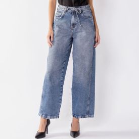 Calça Barrel Jeans Feminina Com Cinto Boby Blues Azul Claro