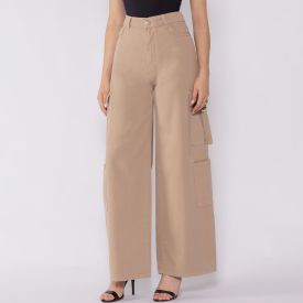 Calça Feminina Cargo Wide Em Sarja Boby Blues Caqui