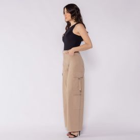 Calça Feminina Cargo Wide Em Sarja Boby Blues Caqui