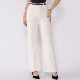 Calça Feminina Em Sarja Wide Leg Com Cinto Patricia Foster Natural