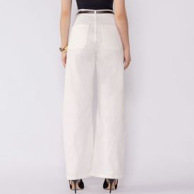 Calça Feminina Em Sarja Wide Leg Com Cinto Patricia Foster Natural