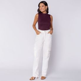 Calça Feminina Reta Cargo Em Sarja Sawary Off White