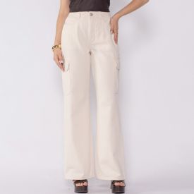 Calça Feminina Wide Leg Cargo Em Sarja Boby Blues Natural