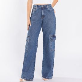 Calça Jeans Feminina Wide Leg Cargo Patricia Foster Azul Medio