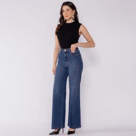 Calça Jeans Feminina Wide Leg Patricia Foster Azul Medio