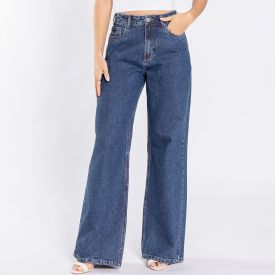 Calça Jeans Feminina Wide Leg Patricia Foster Azul Escuro
