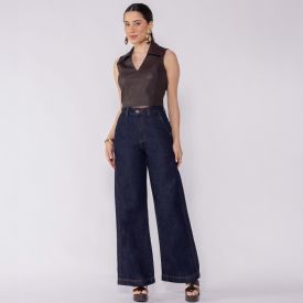 Calça Jeans Feminina Wide Leg Patricia Foster Amaciada