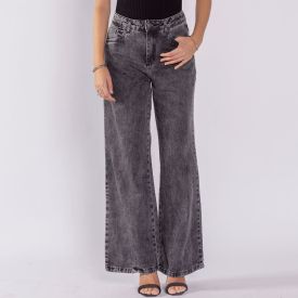 Calça Jeans Feminina Wide Leg Sawary Preto Marmorizado