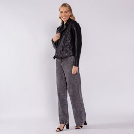 Calça Jeans Feminina Wide Leg Sawary Preto Marmorizado