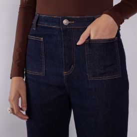 Calça Jeans Wide Leg Feminina Com Bolso Frontal Sawary Amaciado
