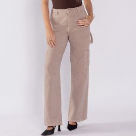 Calça Wide Leg Feminina Com Bolso Cargo Sawary Caqui