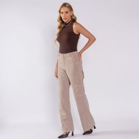 Calça Wide Leg Feminina Com Bolso Cargo Sawary Caqui