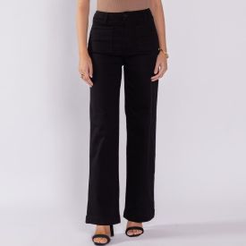 Calça Wide Leg Feminina Com Bolso Frontal Sawary Preto