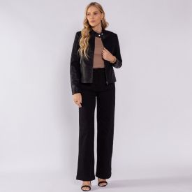 Calça Wide Leg Feminina Com Bolso Frontal Sawary Preto