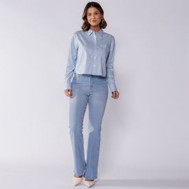Camisa Cropped Manga Longa Com Bolso Boby Blues Azul / Off White