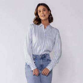 Camisa Feminina Listrada com Bolso Patricia Foster Off White/Azul