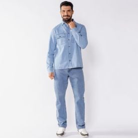 Camisa Jeans Masculina Manga Longa Thing Azul Claro