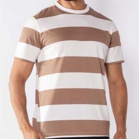 Camiseta Masculina Listrada Em Algodão Thing Off C/ Amendoa