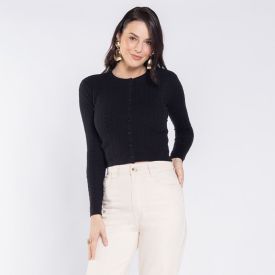 Cardigan Feminino De Tricot Trançado Boby Blues Preto