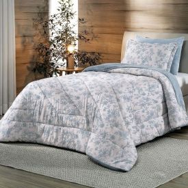 Edredom Solteiro Dupla Face Malha Blend Altenburg  - Sofia Floral Azul