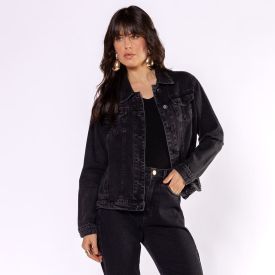 Jaqueta Jeans Feminina Sawary Preto Estonado
